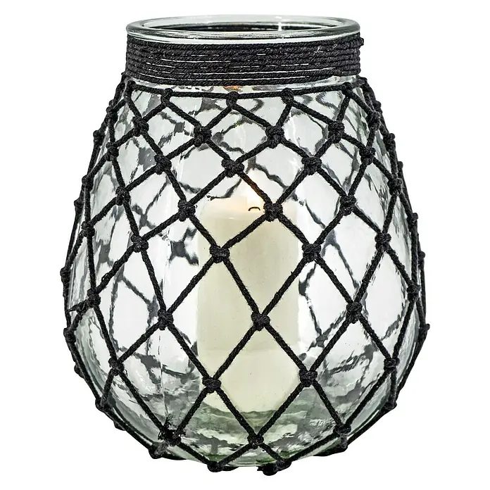 Windlicht Makramee - Schwarz, L, Glas - Vorderansicht