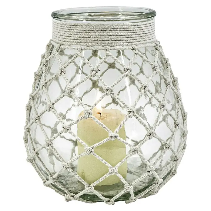 Windlicht Makramee - Creme, M, Glas - Vorderansicht
