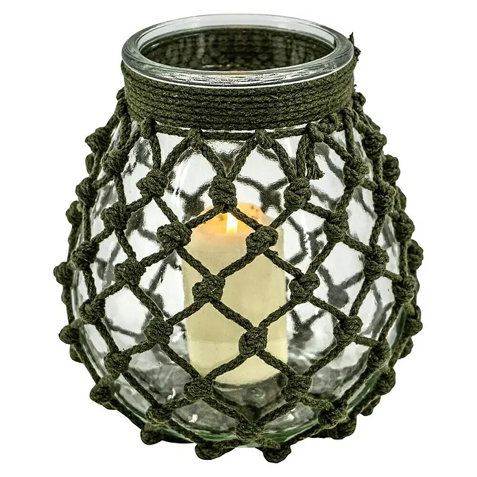 Windlicht Makramee - Grün, M, Glas - Vorderansicht