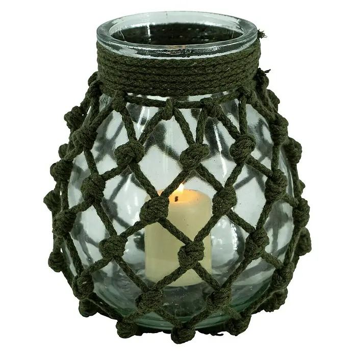 Windlicht Makramee - Grün, S, Glas - Vorderansicht