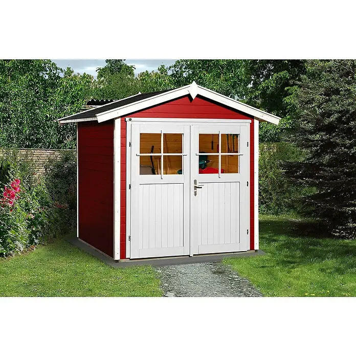 Weka Gartenhaus 224 - B x T: 260 x 233 cm, Holz, Wandstärke: 21 mm, Schwedenrot/Weiß - Stimmungsaufnahme