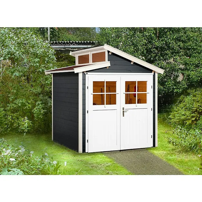 Weka Gartenhaus 226 - B x T: 237 x 231 cm, Holz, 4,285 m², Wandstärke: 21 mm, Anthrazit/Weiß - Stimmungsaufnahme