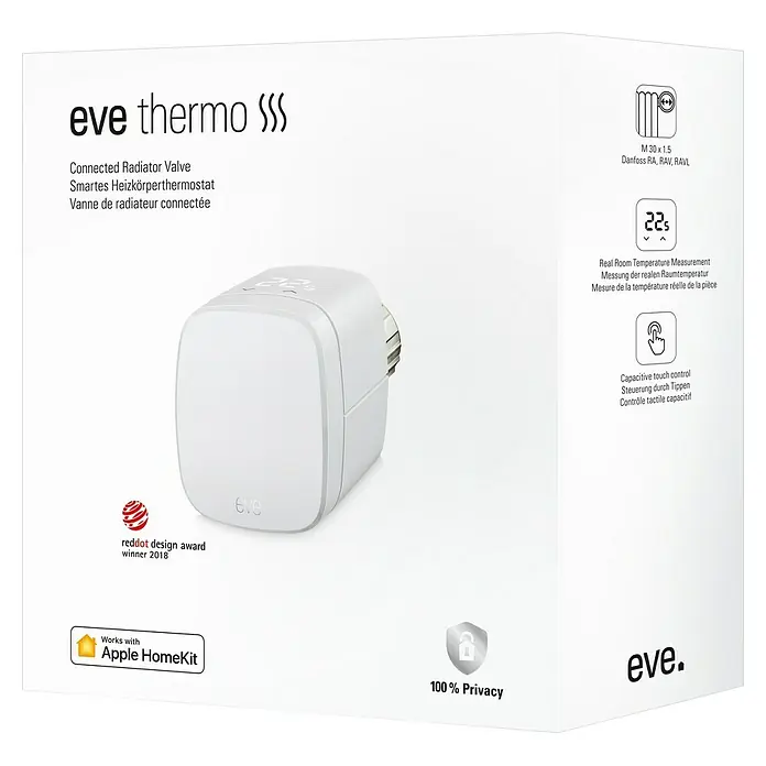 Eve Funk-Heizkörperthermostat Thermo - Batteriebetrieben, Touch-Bedienfeld, Smarte Steuerung: Apple HomeKit, Eve für HomeKit - Diagonale Ansicht