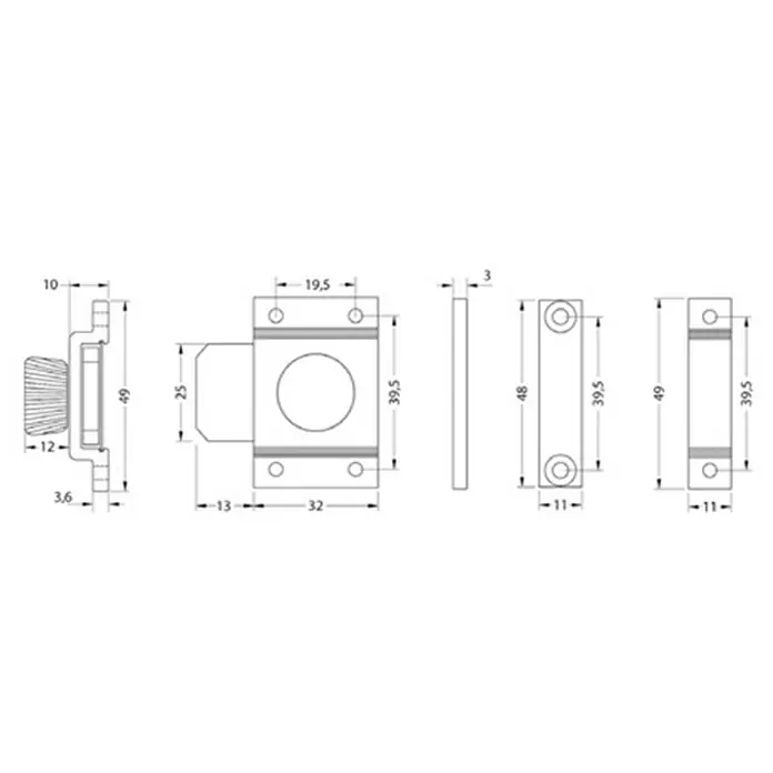 Pestillo deslizante - L x An x Al: 22 x 45 x 3,6 mm, Aluminio, Plateado