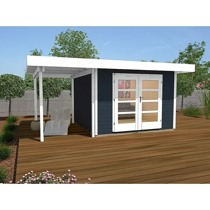 Weka Gartenhaus Designhaus 126 A + Anbau 175 cm - B x T: 500 x 316 cm, Holz, Wandstärke: 28 mm, Anthrazit/Weiß - Stimmungsaufnahme