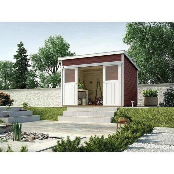 Weka Gartenhaus 225 - B x T: 315 x 249 cm, Holz, 6,343 m², Wandstärke: 21 mm, Schwedenrot/Weiß - Stimmungsaufnahme