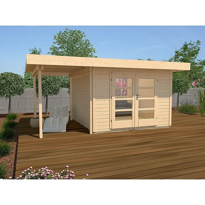 Weka Gartenhaus Designhaus 126 A + Anbau 175 cm - B x T: 500 x 377 cm, Holz, Wandstärke: 28 mm, Natur - Stimmungsaufnahme
