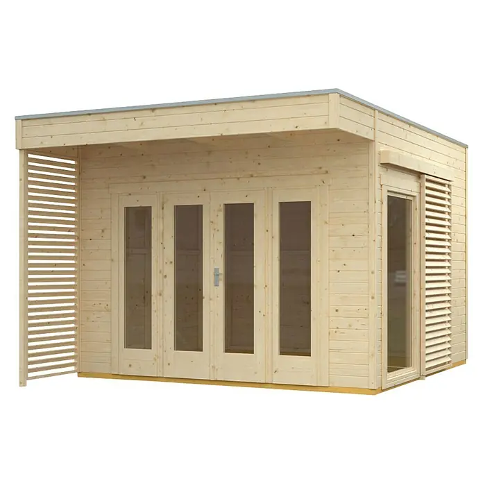 Skan Holz Gartenhaus Tokio 2 - B x T: 340 x 440 cm, Holz, 11,56 m², Natur, Einschalig - Diagonale Ansicht