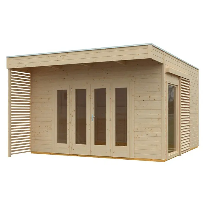 Skan Holz Gartenhaus Tokio 4 - B x T: 402 x 502 cm, Holz, 16,16 m², Einschalig, Natur - Diagonale Ansicht