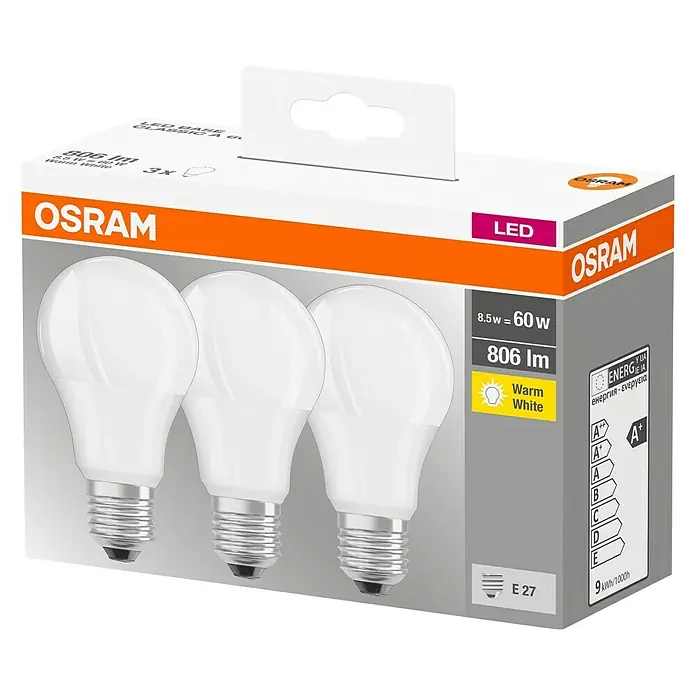 Osram Bombilla LED Classic A60 - 3 uds., 9 W, E27, Blanco cálido - Vista angular