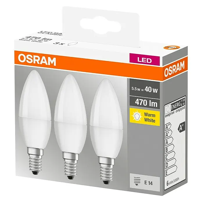 Osram Bombilla LED Classic B40 - 3 uds., 5,3 W, E14, Blanco cálido - Vista angular