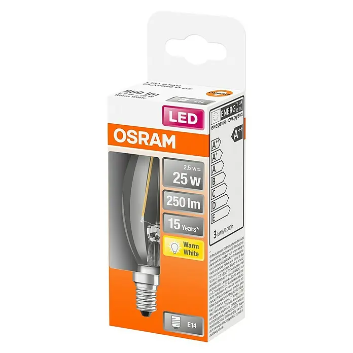 Osram LED žarulja - 2 W, E14, Topla bijela, Bez prigušivanja, Prozirno - Dijagonalni pogled