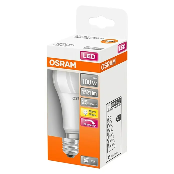 Osram LED-Leuchtmittel Superstar Classic A - 14,5 W, E27, Warmweiß, Dimmbar, Matt - Diagonale Ansicht