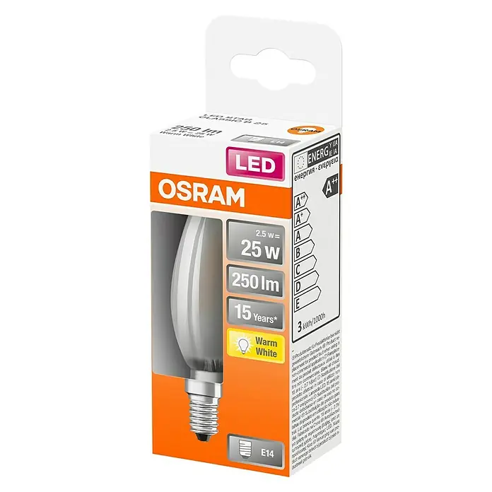 Osram Bombilla LED Retrofit Classic B - 3 W, E14, Blanco cálido, No regulable, Mate - Vista angular
