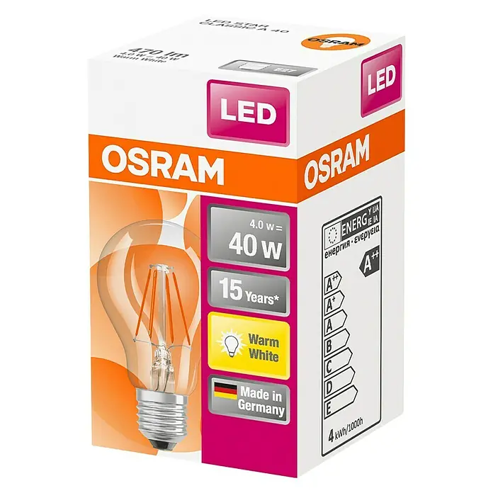 Osram LED žarulja - 4 W, E27, A60, Topla bijela, Bez prigušivanja, Prozirno - Dijagonalni pogled