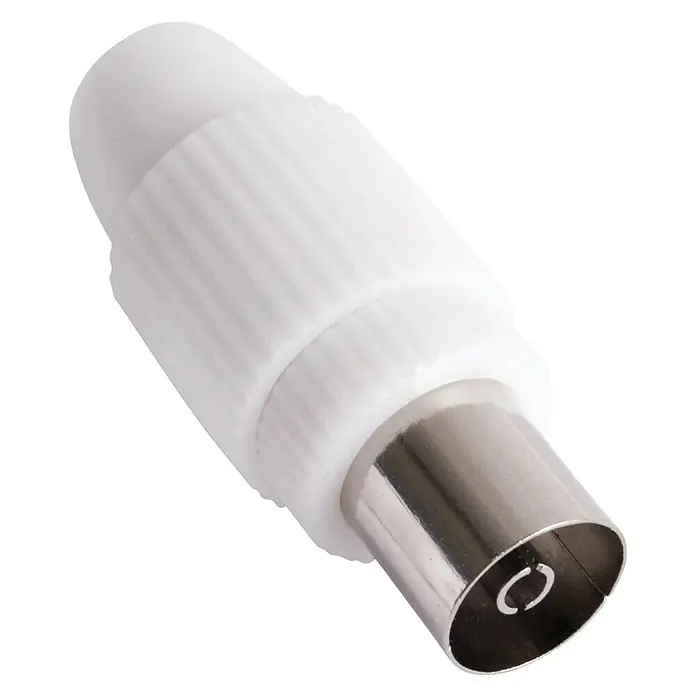 Conector recto para antena - 1 x conector hembra coaxial, Blanco, Plástico - Vista angular