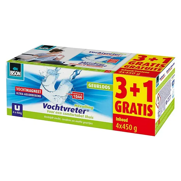 Luchtontvochtiger, navulverpakking Box 4 x 450 g - Werkingsduur: 2-3 maanden, 4 st. x 450 g - Diagonaal zicht