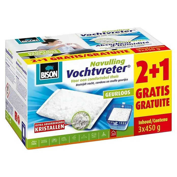 Bison Luchtontvochtiger, navulverpakking Zak 3 x 450 g - Geurloos, 3 st. x 450 g - Diagonaal zicht