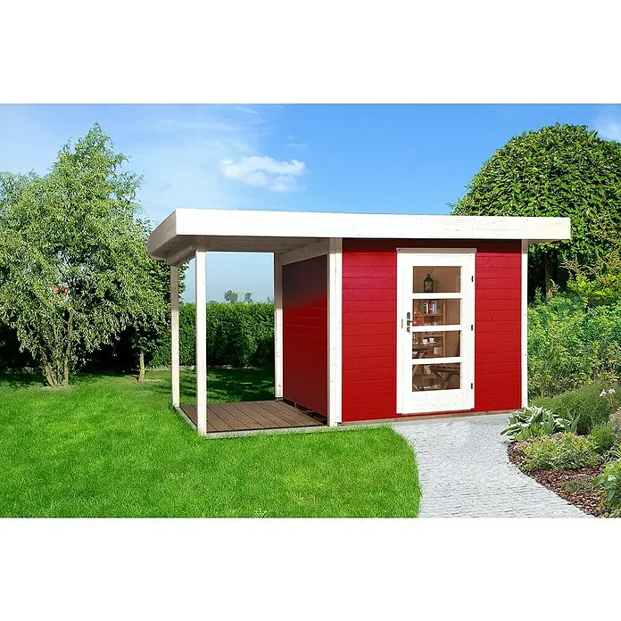 Weka Gartenhaus Designhaus 172 A + Anbau 150 cm - B x T: 430 x 375 cm, Holz, Wandstärke: 28 mm, Schwedenrot/Weiß - Stimmungsaufnahme