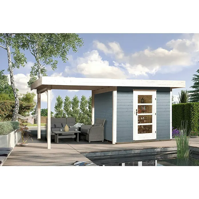 Weka Gartenhaus Designhaus 172 B + Anbau 300 cm - B x T: 575 x 375 cm, Holz, Wandstärke: 28 mm, Grau/Weiß - Stimmungsaufnahme