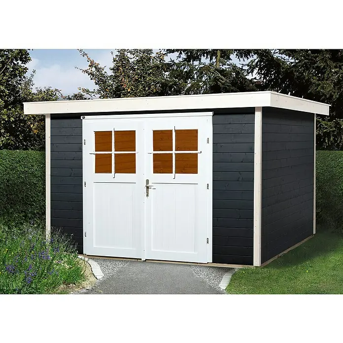 Weka Gartenhaus 227 - B x T: 319 x 284 cm, Holz, Wandstärke: 21 mm, Anthrazit/Weiß - Stimmungsaufnahme