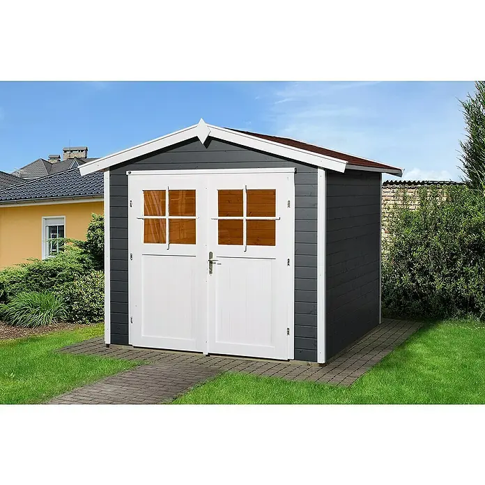 Weka Gartenhaus 224 - B x T: 280 x 263 cm, Holz, Wandstärke: 21 mm, Anthrazit/Weiß - Stimmungsaufnahme