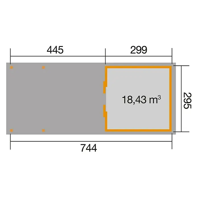 Weka Gartenhaus 225 B - B x T: 766 x 336 cm, Holz, 22,036 m², Wandstärke: 21 mm - Skizze