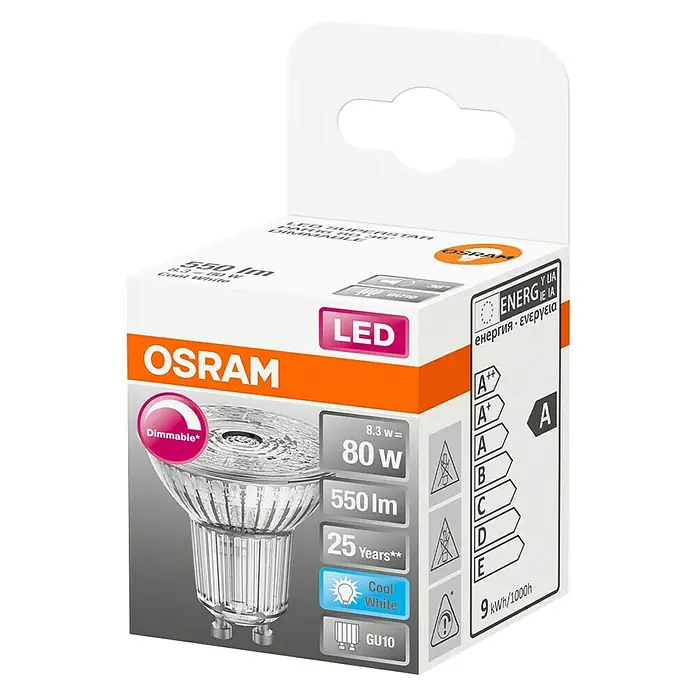 Osram Superstar Ledlamp Dimmable - 7,2 W, GU10, 36 °, Koud wit - Diagonaal zicht