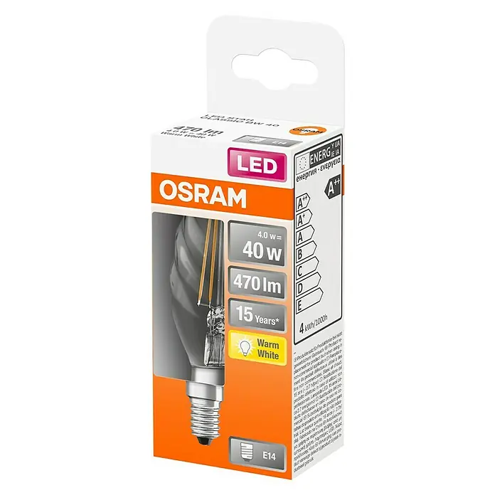 Osram LED žarulja - 4 W, E14, Topla bijela, Prozirno, Okrenuto - Dijagonalni pogled