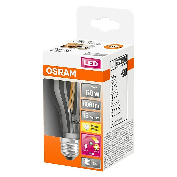 Osram LED žarulja - 7 W, E27, Topla bijela, Može se prigušiti - Dijagonalni pogled