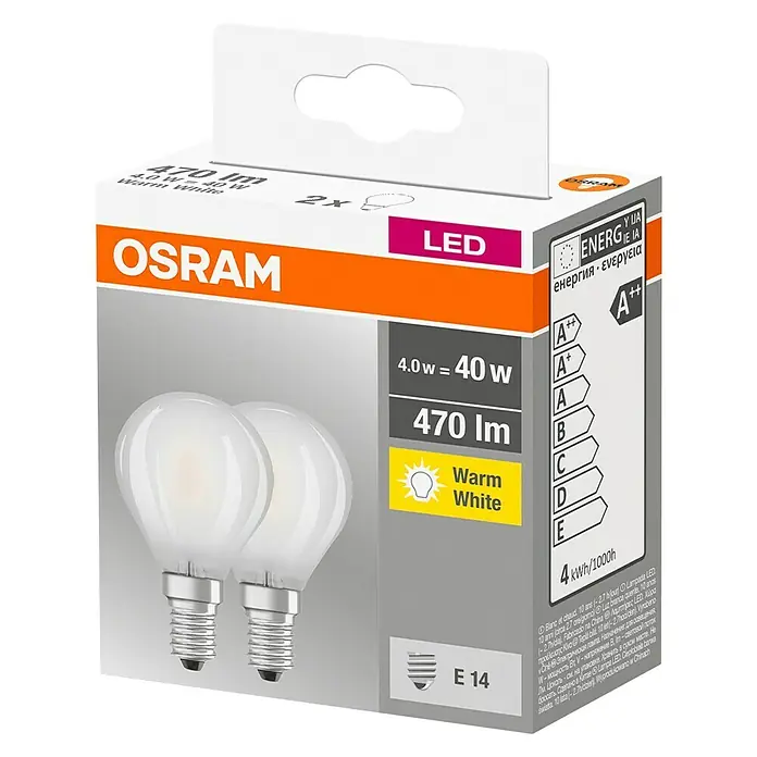 Osram Retrofit Ledlamp Star Classic P 40 - E14, 4 W, P45, Mat, 2 stk. - Diagonaal zicht