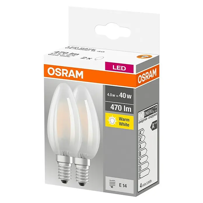Osram Retrofit Ledlamp Retrofit Classic B 40 - E14, 4 W, B35, 470 lm, 2 stk. - Diagonaal zicht