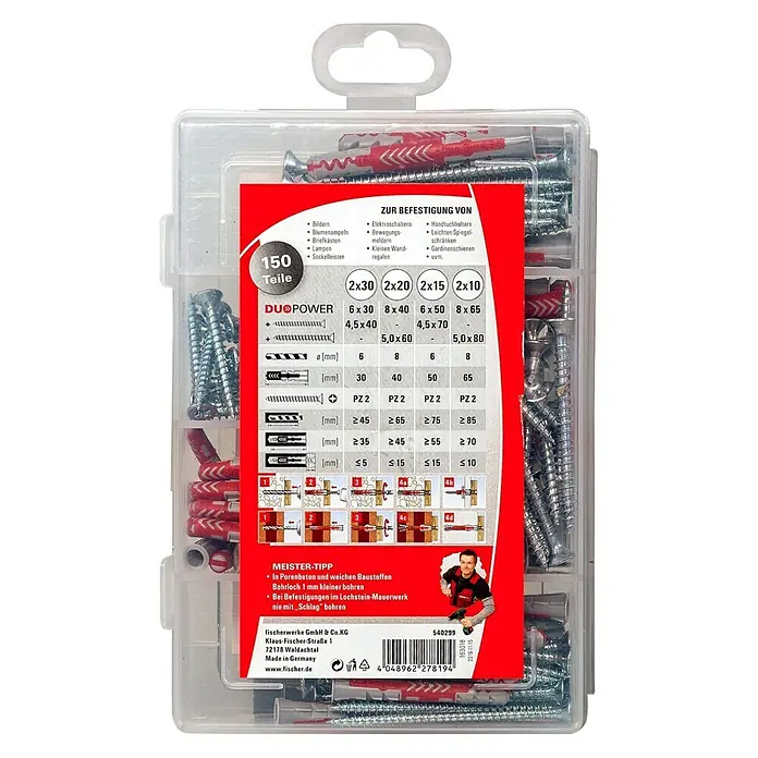 Fischer Duopower Schrauben- & Dübel-Set Meister-Box kurz / lang - Inhalt: 150 -tlg. - Vorderansicht