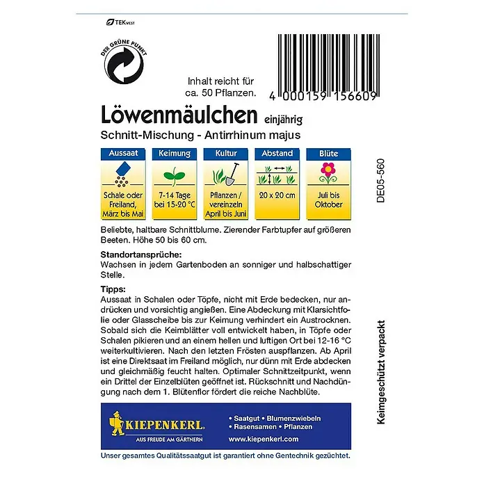 Kiepenkerl Blumensamen Löwenmäulchen - Antirrhinum majus, Schnitt-Mischung, Blütezeit: Juli - Rückansicht