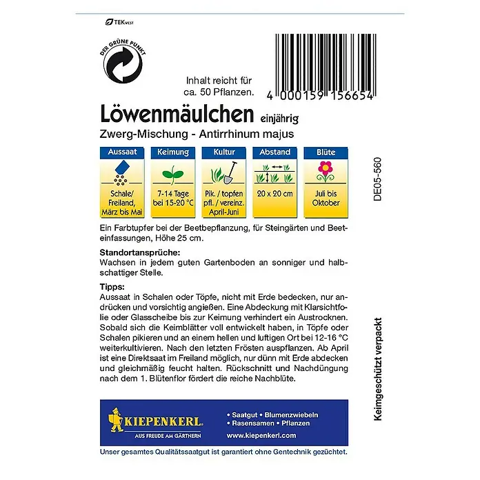 Kiepenkerl Blumensamen Löwenmäulchen - Antirrhinum majus, Zwerg-Mischung, Blütezeit: Juli - Rückansicht