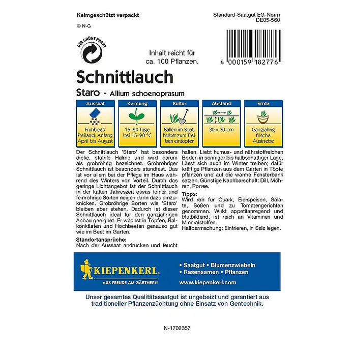 Kiepenkerl Profi-Line Kräutersamen Schnittlauch Staro - Allium schoenoprasum, Saatzeit: April, Erntezeit: Ganzjährig - Rückansicht