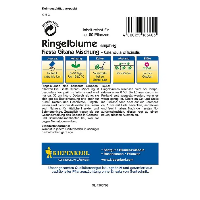 Kiepenkerl Blumensamen Ringelblume - Calendula officinalis, Fiesta Gitana, Blütezeit: Juli - Rückansicht