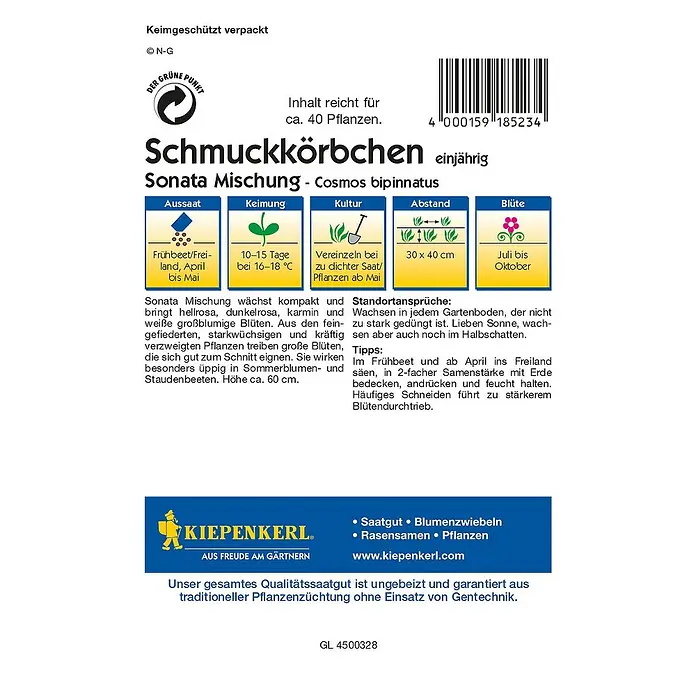 Kiepenkerl Profi-Line Blumensamen Schmuckkörbchen - Cosmos bipinnatus, Sonata, Blütezeit: Juli - Rückansicht