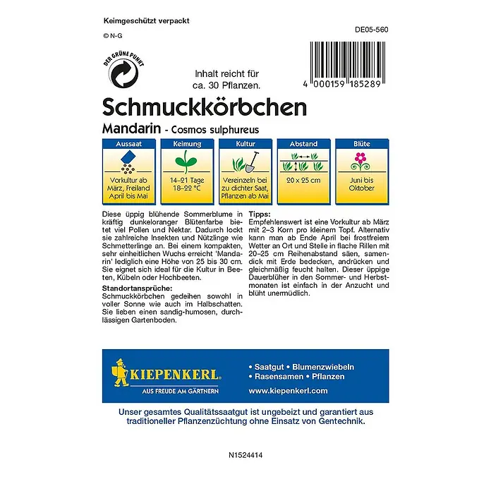Kiepenkerl Blumensamen Schmuckkörbchen - Cosmos sulphureus, Mandarin, Blütezeit: Juni - Rückansicht