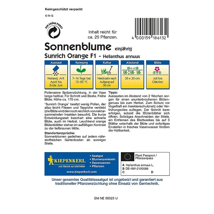 Kiepenkerl Profi-Line Blumensamen Sonnenblume - Helianthus annuus, Sunrich Orange, Blütezeit: Juli - Rückansicht