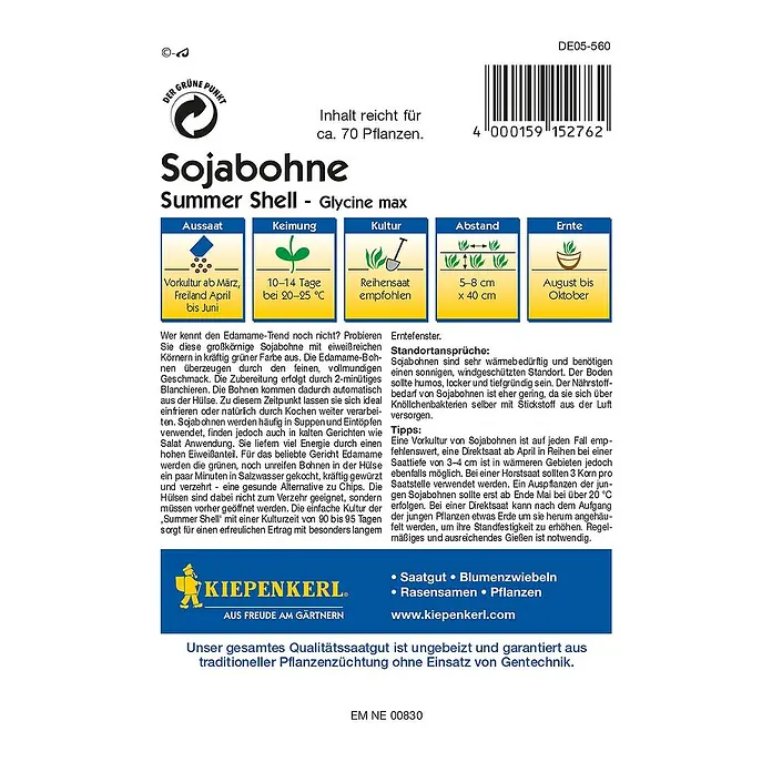 Kiepenkerl Profi-Line Gemüsesamen Sojabohne - Glycine max., Erntezeit: August - Rückansicht