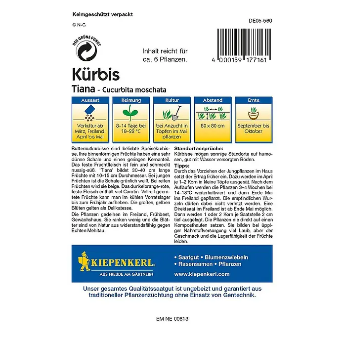 Kiepenkerl Profi-Line Gemüsesamen Kürbis - Tiana, Cucurbita moschata, Erntezeit: September - Rückansicht