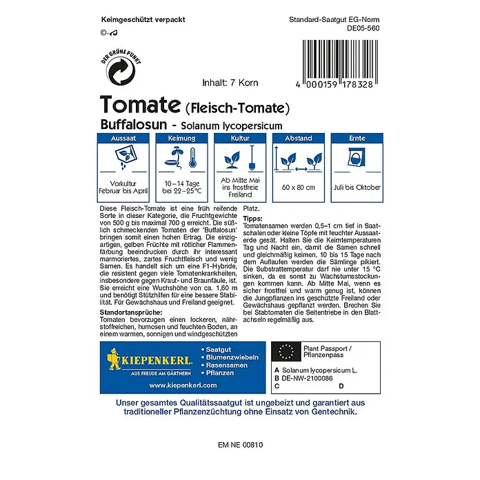 Kiepenkerl Profi-Line Gemüsesamen Tomate - Buffalosun, Solanum lycopersicum, Erntezeit: Juli - Rückansicht