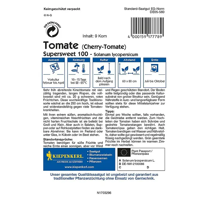 Kiepenkerl Profi-Line Gemüsesamen Tomate - Supersweet 100, Solanum lycopersicum, Erntezeit: Juli - Rückansicht