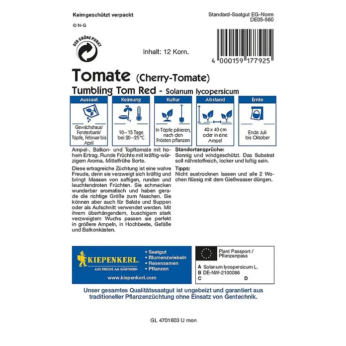 Kiepenkerl Profi-Line Gemüsesamen Tomate - Tom Red, Solanum lycopersicum, Erntezeit: Juli - Rückansicht
