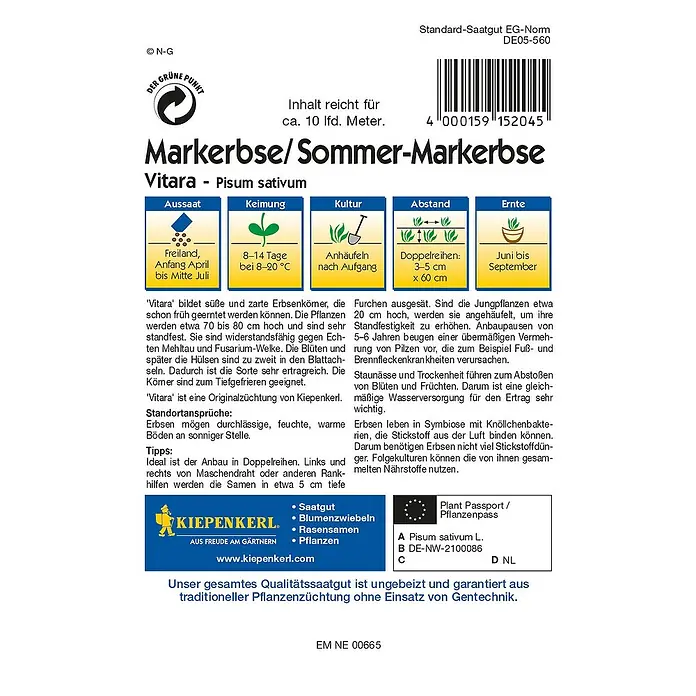 Kiepenkerl Gemüsesamen Markerbse - Vitara, Pisum sativum, Erntezeit: Juni - Rückansicht