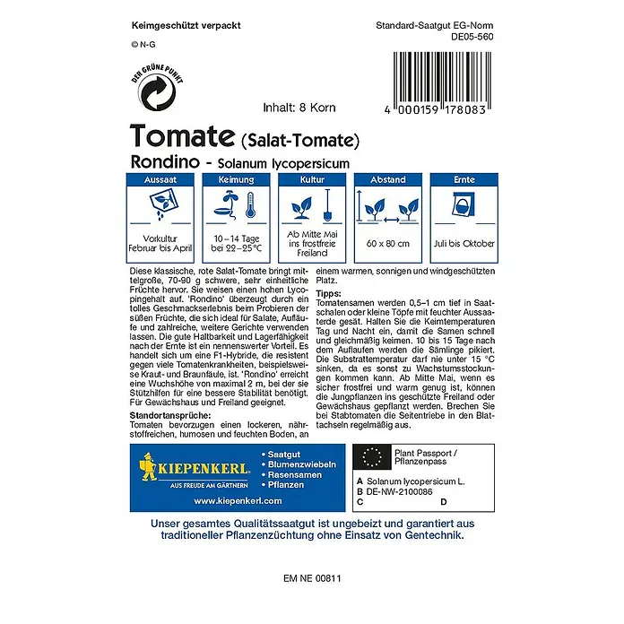 Kiepenkerl Profi-Line Gemüsesamen Tomate - Rondino, Solanum lycopersicum, Erntezeit: Juli - Rückansicht