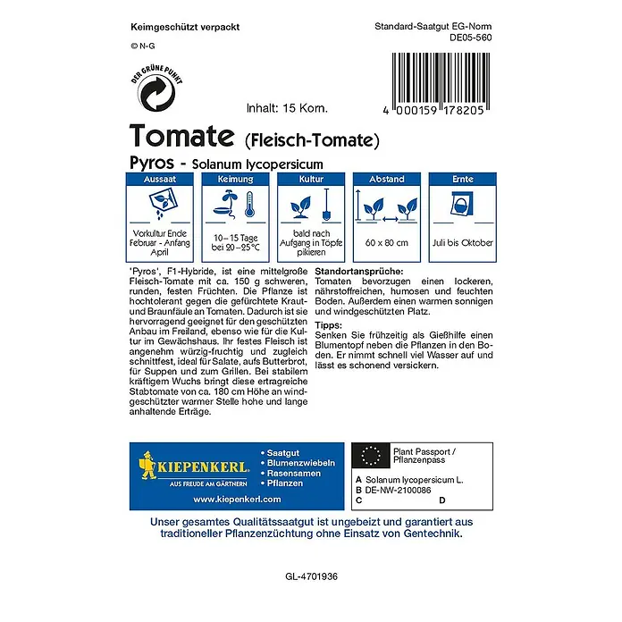 Kiepenkerl Profi-Line Gemüsesamen Tomate - Pyros, Solanum lycopersicum, Erntezeit: Juli - Rückansicht