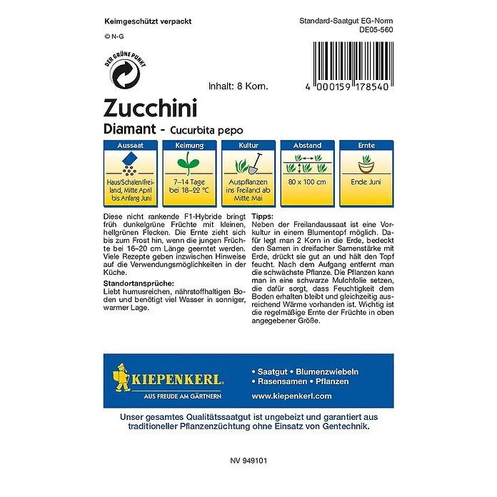 Kiepenkerl Profi-Line Gemüsesamen Zucchini - Diamant F1, Cucurbita pepo, Erntezeit: Juni - Rückansicht