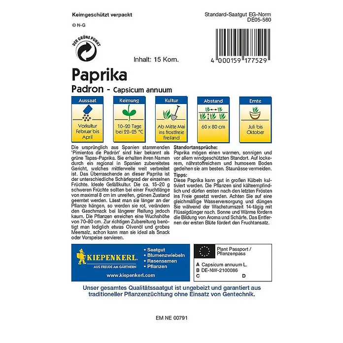 Kiepenkerl Profi-Line Gemüsesamen Paprika - Pimientos de Padrón, Capsicum annuum, Erntezeit: Juli - Rückansicht